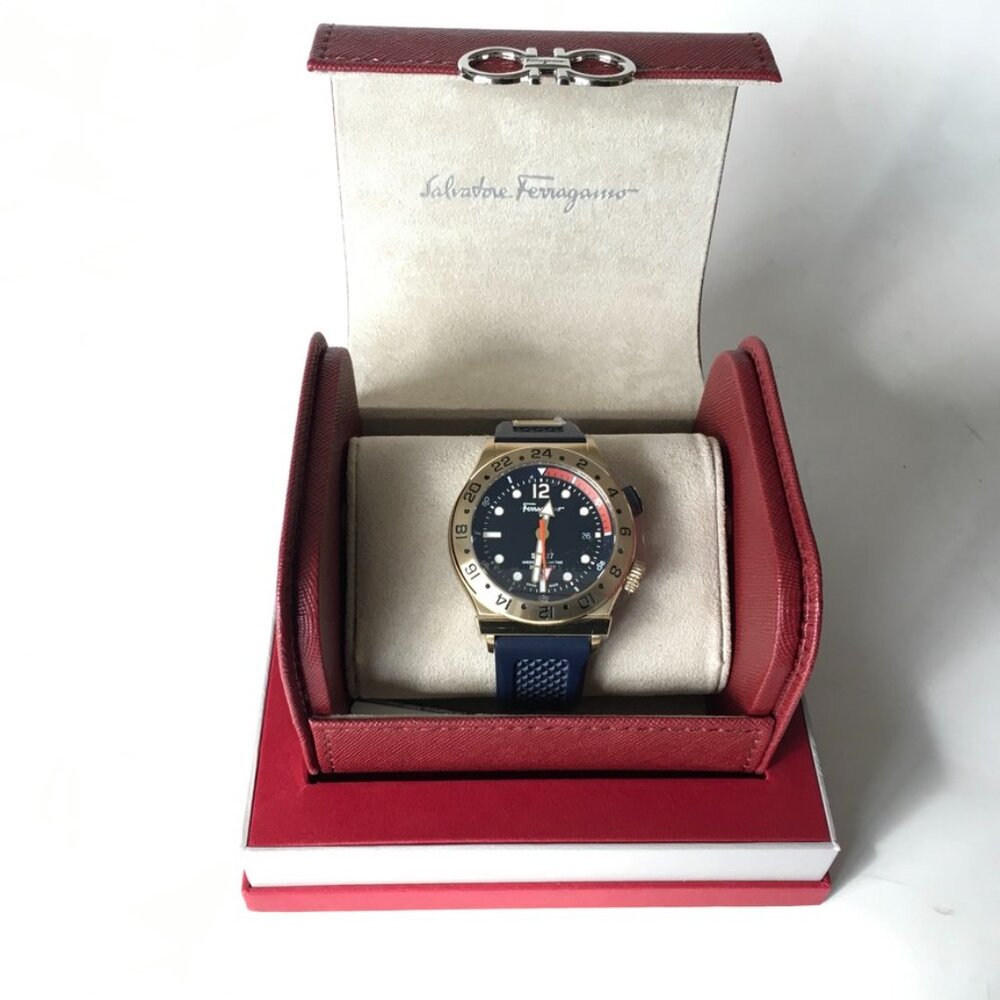 Salvatore Ferragamo Mens Ferragamo 1927 IP Yellow Gold 44mm Navy Blue Strap